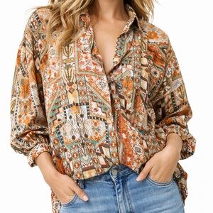 Rachel Zoe Women’s XL Boho Patchwork Print Blouse Top Long Sleeve 100% Rayon